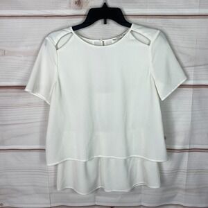Cooper & Ella Top Womens S Ivory Short Sleeve Blouse Texture Cut Out Open Back